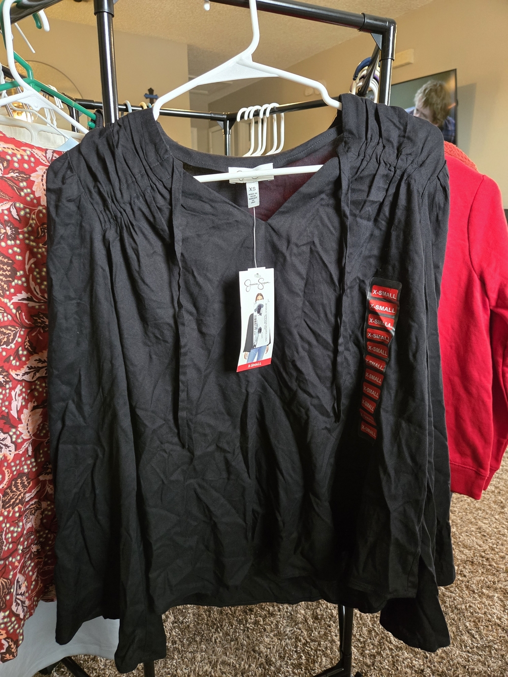 Jessica Simpson Black V-Neck Long Sleeve Blouse with Gathered Shoulders